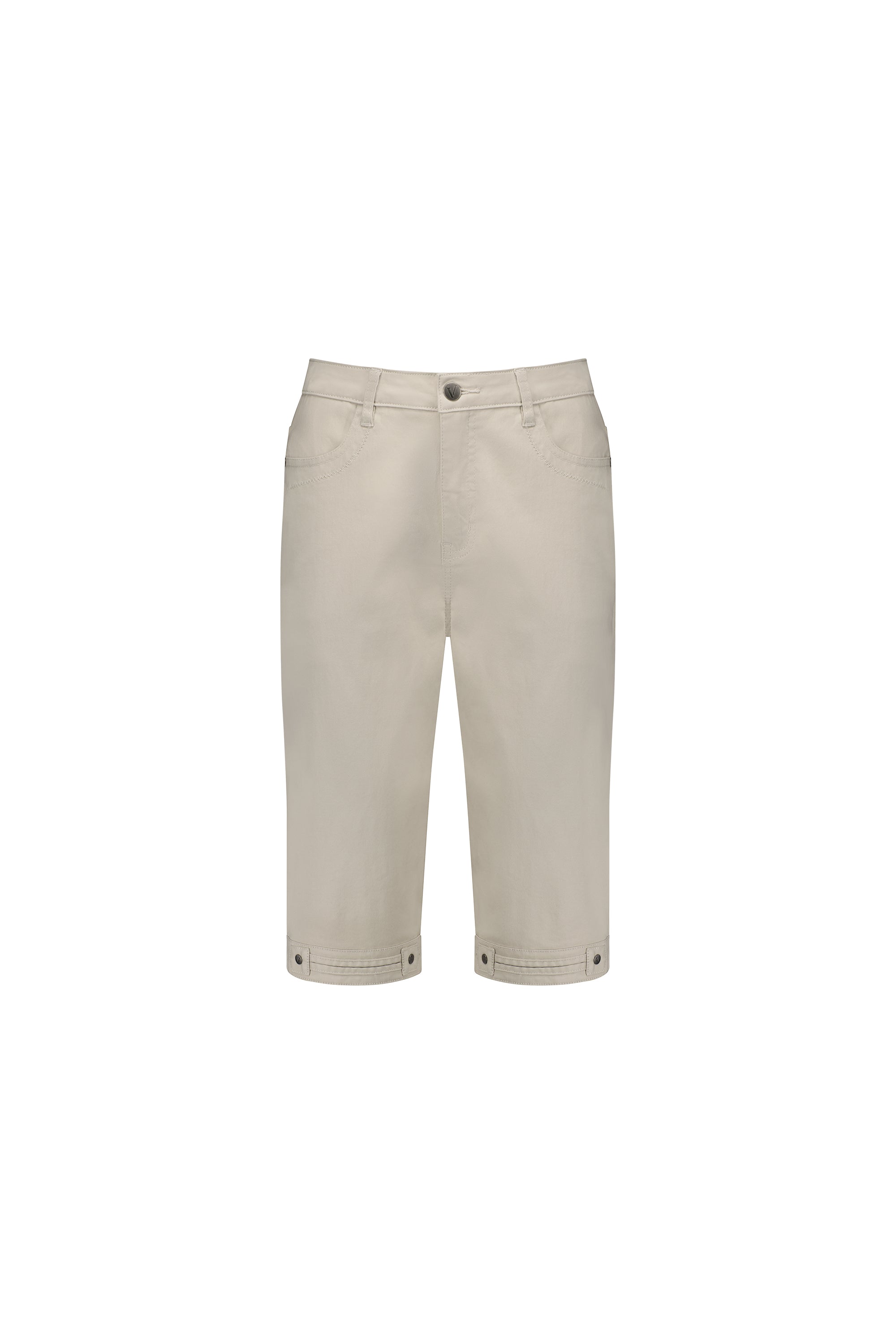 Vassalli Custom Lightweight Short - Pumice: beige, knee-length stretch cotton shorts with front and back pockets, belt loops, and button details at waist and hem—ideal for summer comfort, shown on a white background.