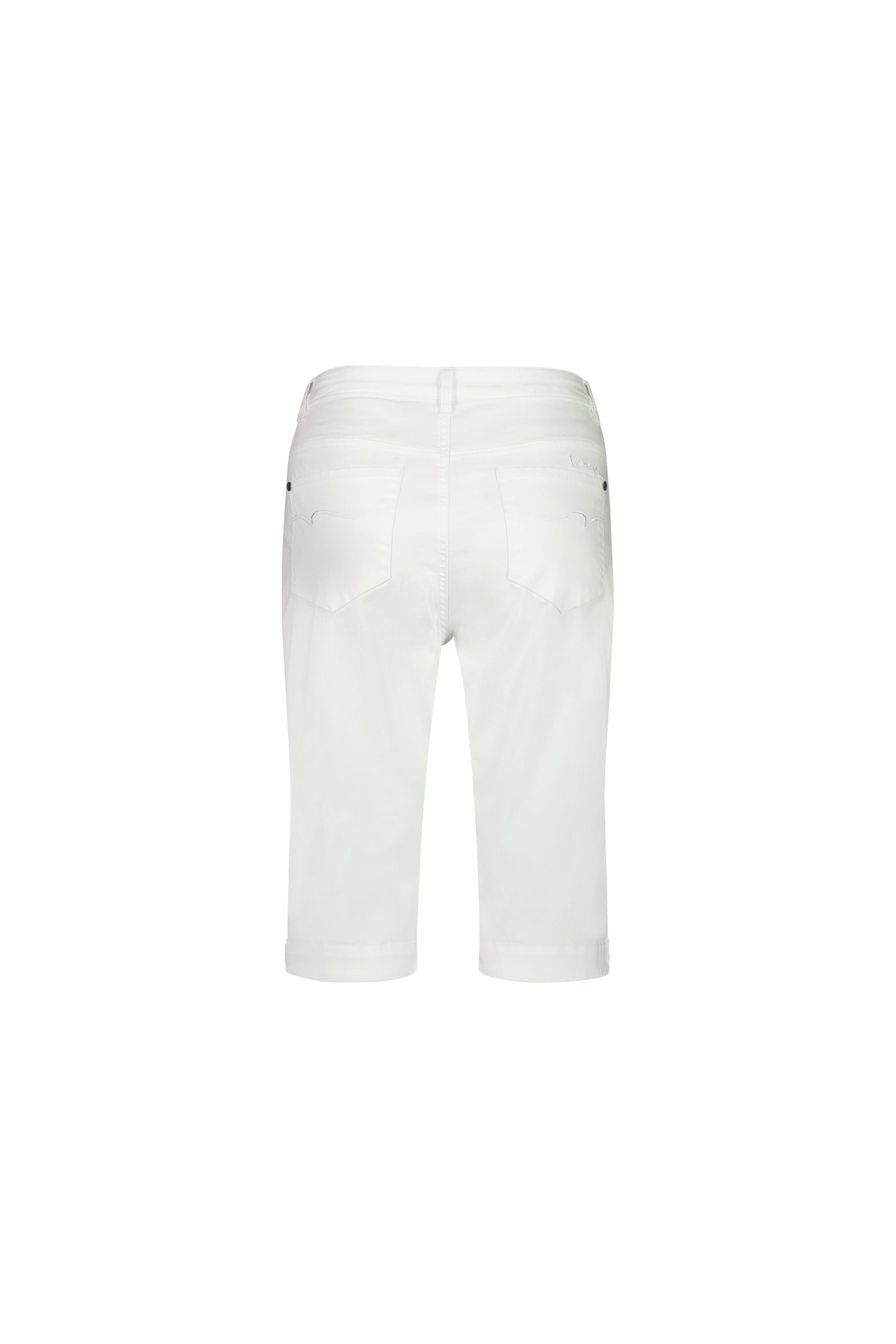 Back view of Vassalli Custom Lightweight Short in white, knee-length with two back pockets, shown on a plain white background—ideal for comfortable summer style.