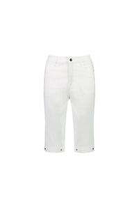 The Vassalli Custom Lightweight Short - White features stretch cotton for comfort, a knee-length fit, classic five-pocket styling, front button and zip closure, and hem button detail—ideal summer wear. Shown on a plain white background.