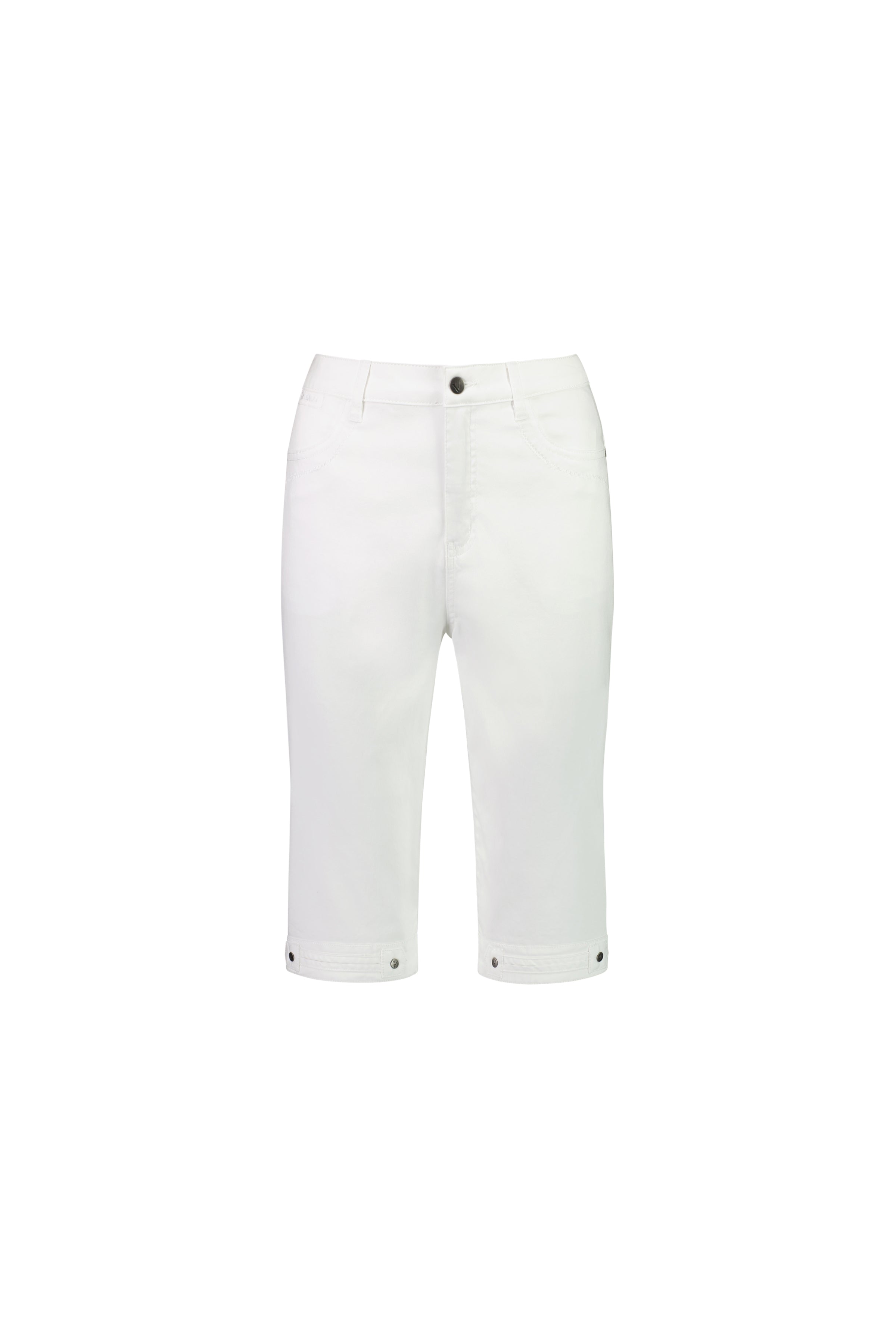 The Vassalli Custom Lightweight Short - White features stretch cotton for comfort, a knee-length fit, classic five-pocket styling, front button and zip closure, and hem button detail—ideal summer wear. Shown on a plain white background.