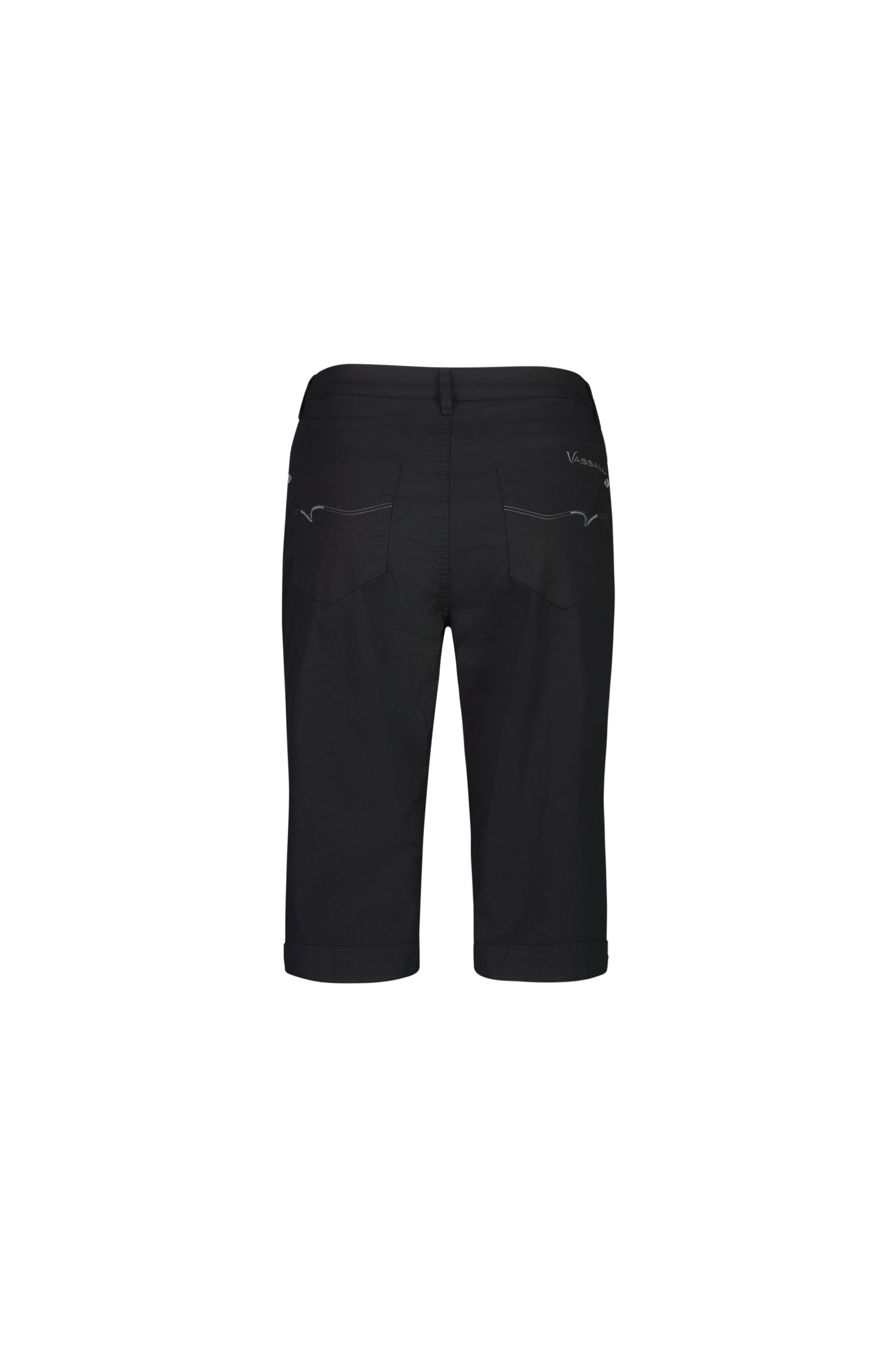 The Vassalli Custom Poplin Short in black is knee-length, shown from the back with two rear pockets, cuffed hems, a small logo by the waistband, and subtle stitching. Made from lightweight stretch poplin for all-day comfort.