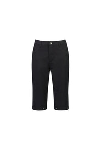 The Vassalli Custom Poplin Short in black is crafted from lightweight stretch poplin and features cuffed hems, a front button and zip closure, two front pockets, and two back pockets, displayed on a plain white background.