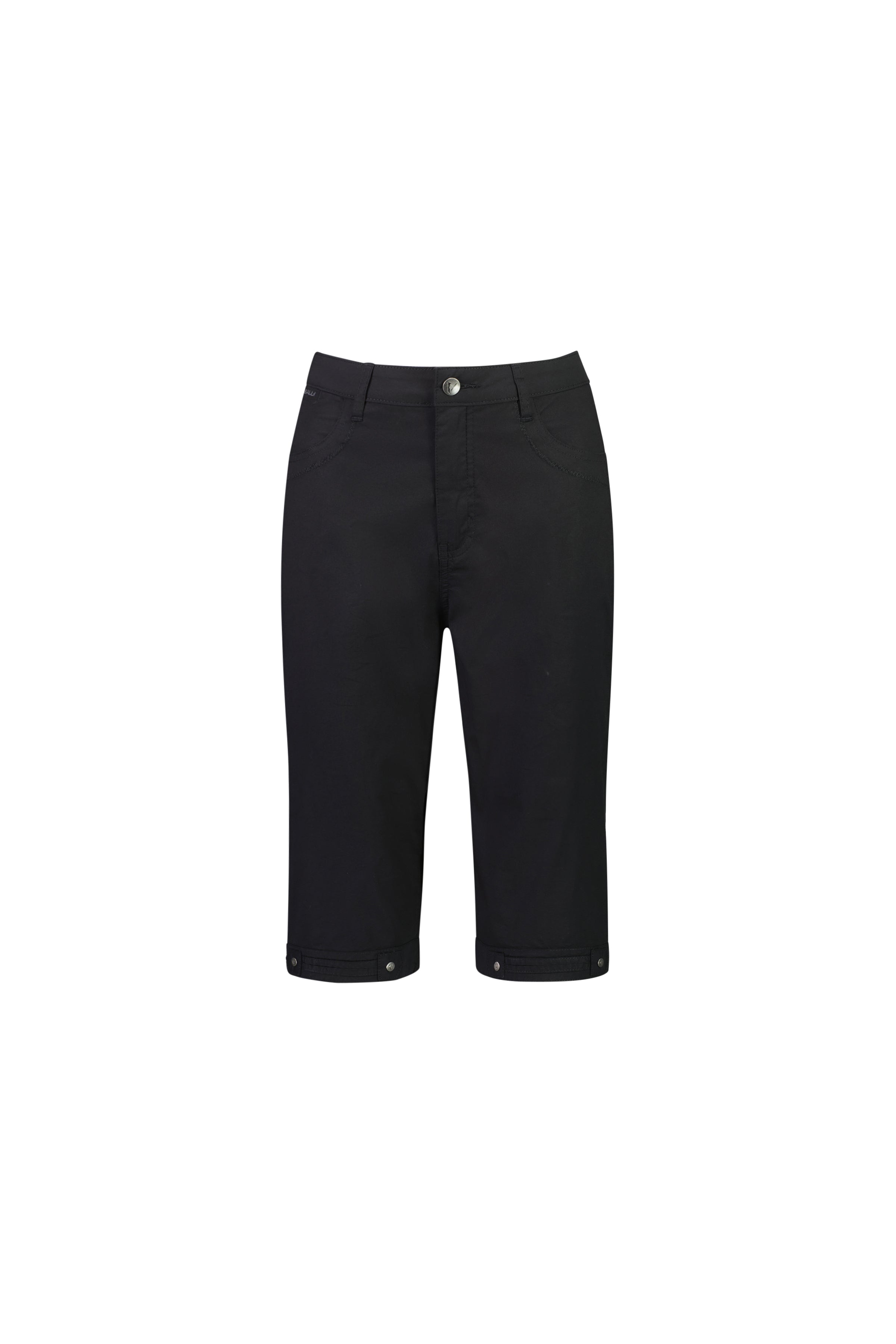 The Vassalli Custom Poplin Short in black is crafted from lightweight stretch poplin and features cuffed hems, a front button and zip closure, two front pockets, and two back pockets, displayed on a plain white background.
