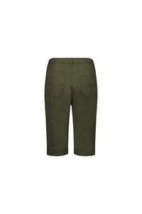 Back view of the Vassalli Custom Poplin Short in khaki, knee-length and tailored from lightweight stretch poplin, featuring two back pockets and belt loops, shown on a white background.