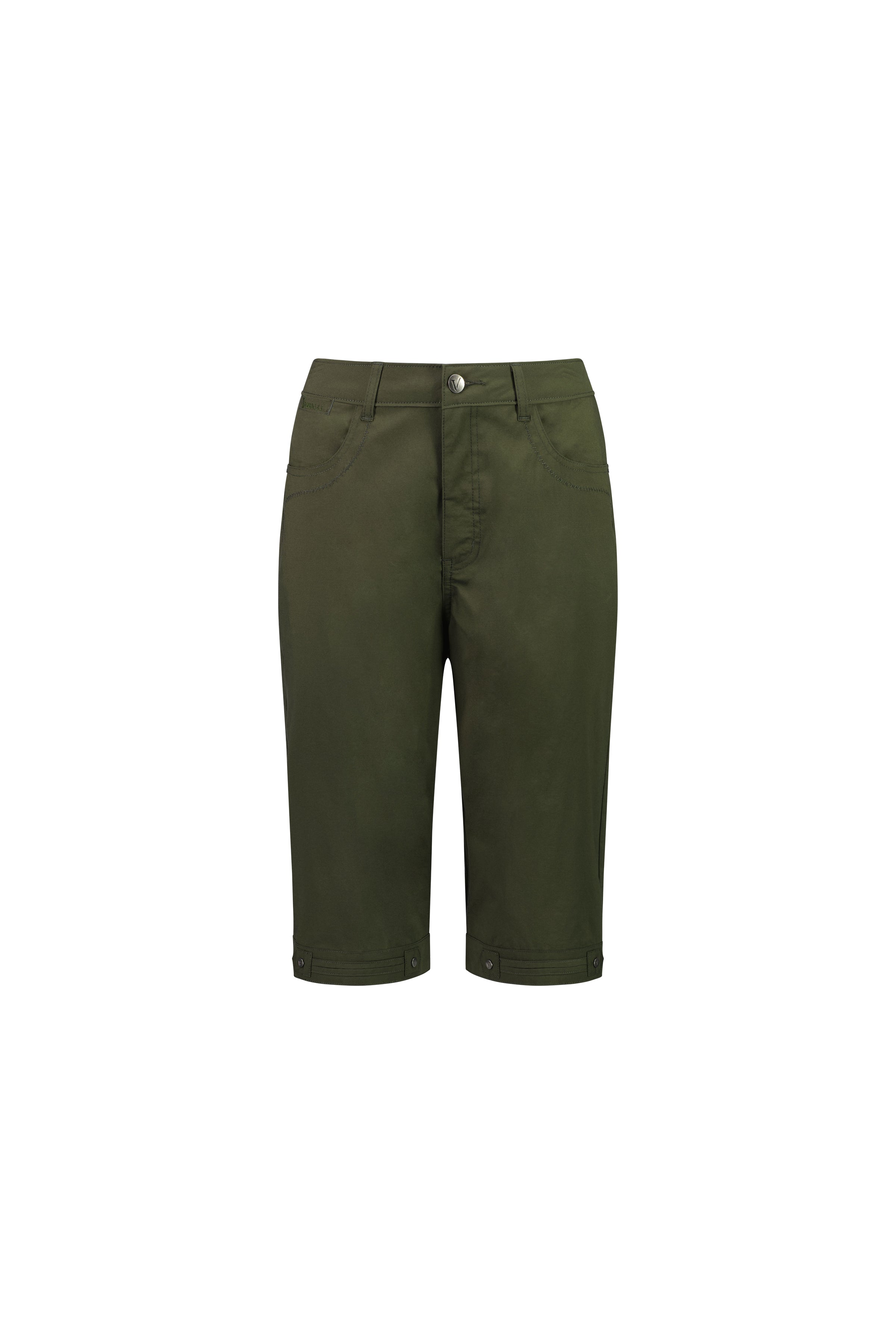 The Vassalli Custom Poplin Short in khaki features lightweight stretch poplin, front pockets, a button and zip closure, and small button details at the hem, shown against a plain white background for versatile styling.