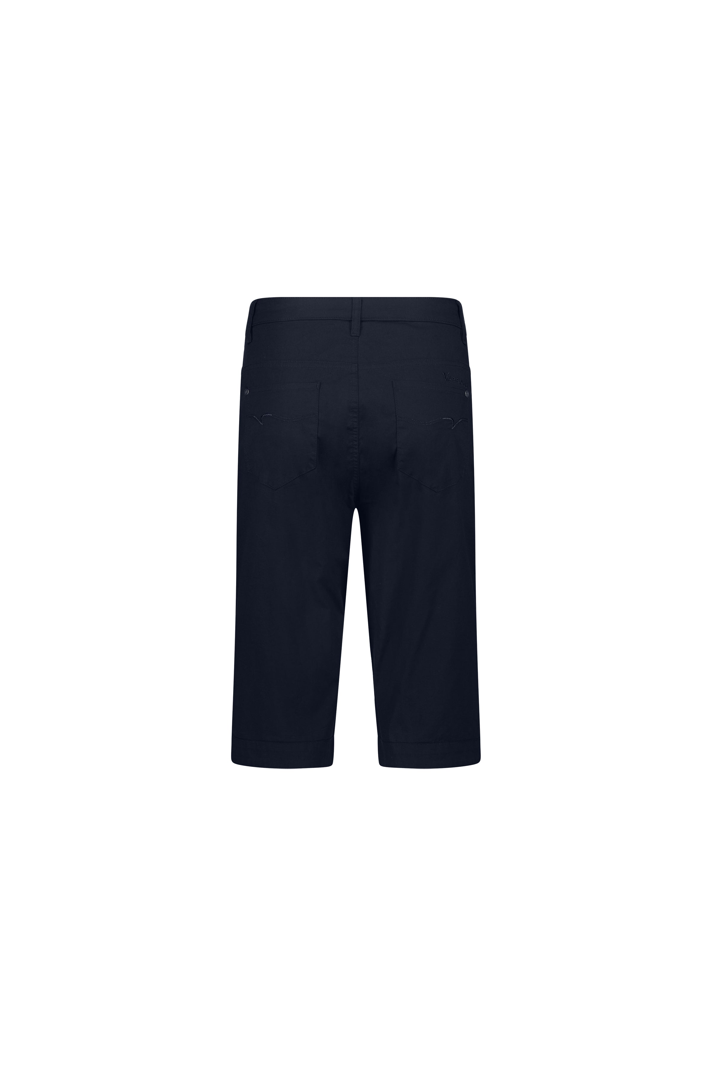 Back view of Vassalli’s Custom Poplin Short in Navy featuring cuffed hems, belt loops, and two back pockets, displayed against a plain white background.