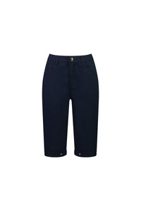The Vassalli Custom Poplin Short in navy is crafted from lightweight stretch poplin, featuring front pockets and buttoned cuffed hems, shown against a plain white background.
