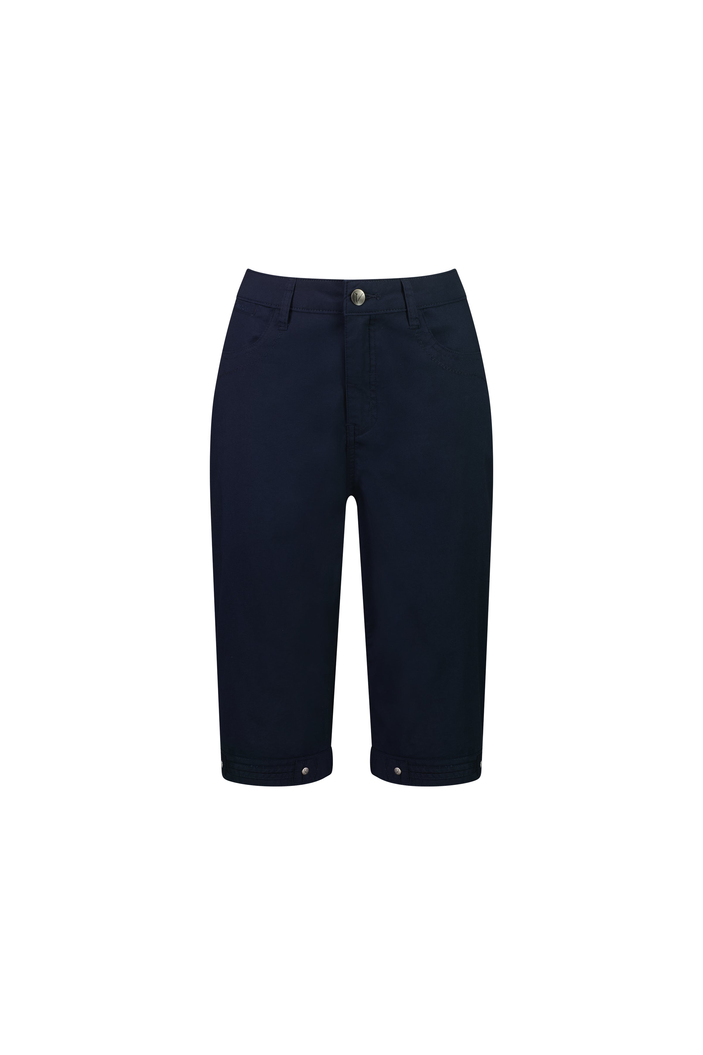 The Vassalli Custom Poplin Short in navy is crafted from lightweight stretch poplin, featuring front pockets and buttoned cuffed hems, shown against a plain white background.