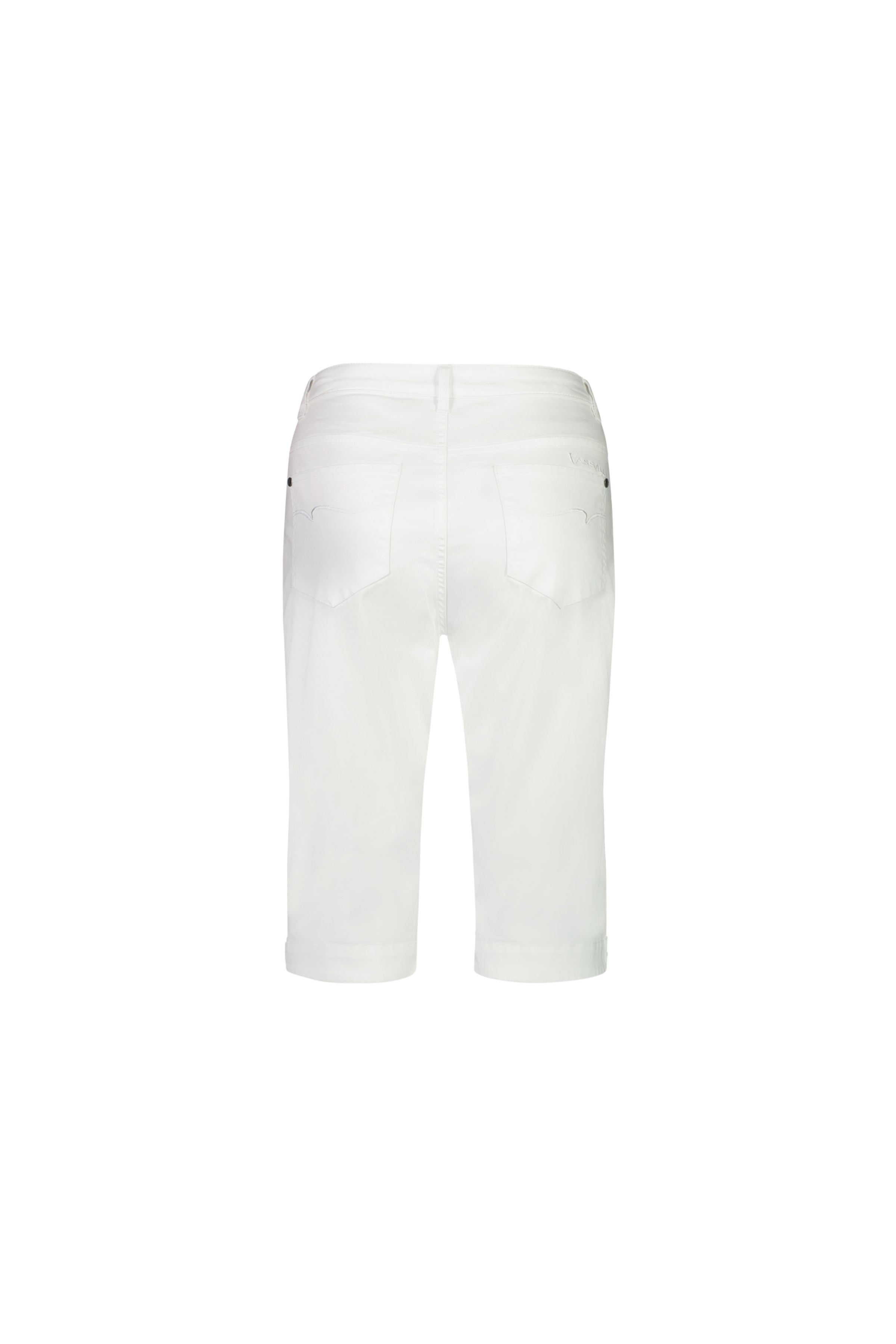 Back view of Vassalli's Custom Poplin Short in white, featuring cuffed hems and two back pockets, made from lightweight stretch poplin, displayed on a plain white background.