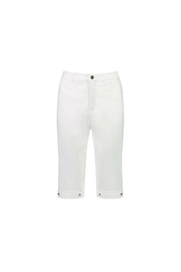 The Vassalli Custom Poplin Short in white features a knee-length tailored fit with cuffed hems, front button and zip closure, two front pockets, and button accents at the hems, shown on a plain white background.