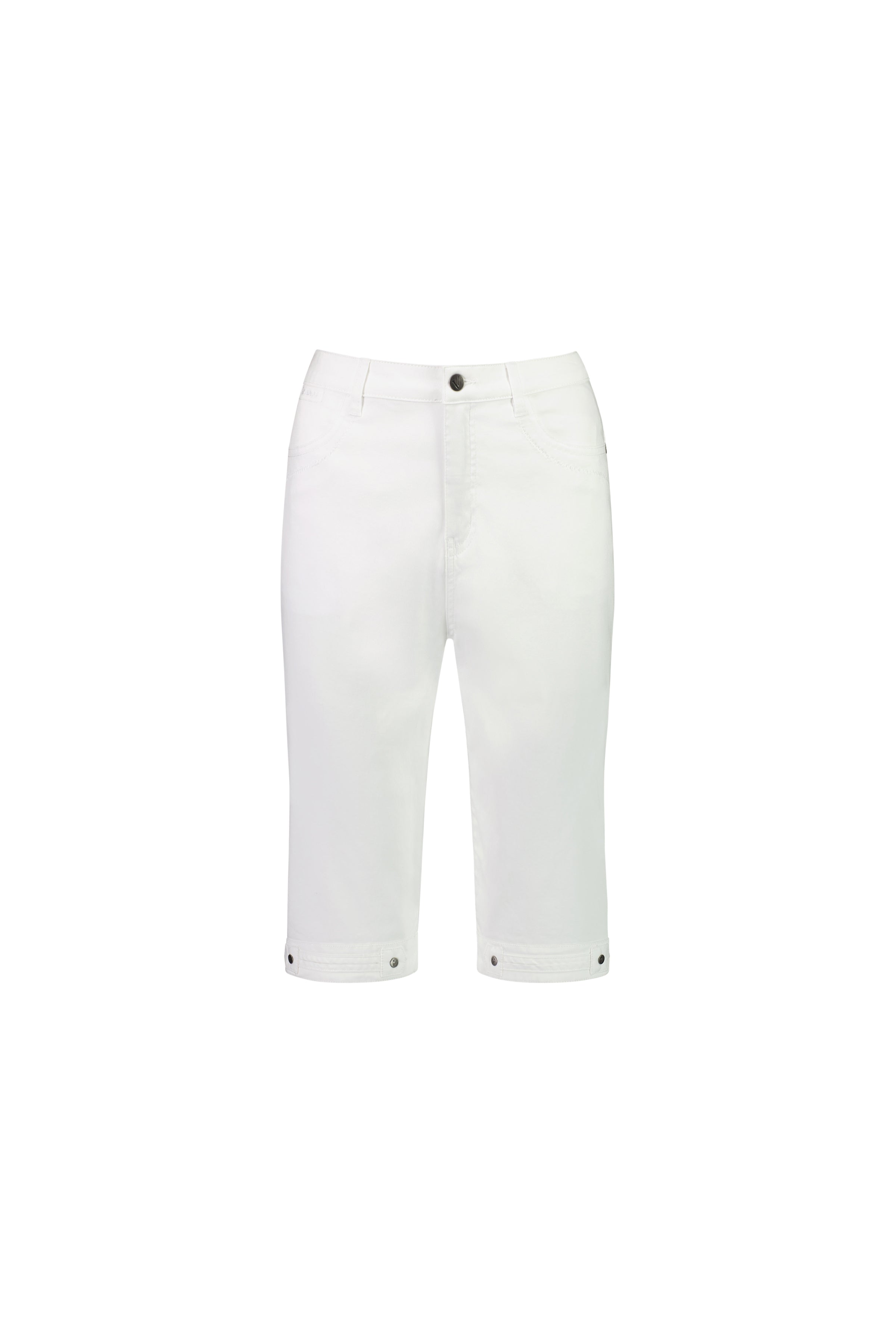 The Vassalli Custom Poplin Short in white features a knee-length tailored fit with cuffed hems, front button and zip closure, two front pockets, and button accents at the hems, shown on a plain white background.