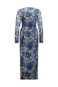Back view of a long-sleeve blue floral print dress with a fitted waist and pleated skirt