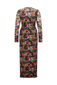 Back view of a long-sleeve, floral print maxi dress with multicolor abstract pattern