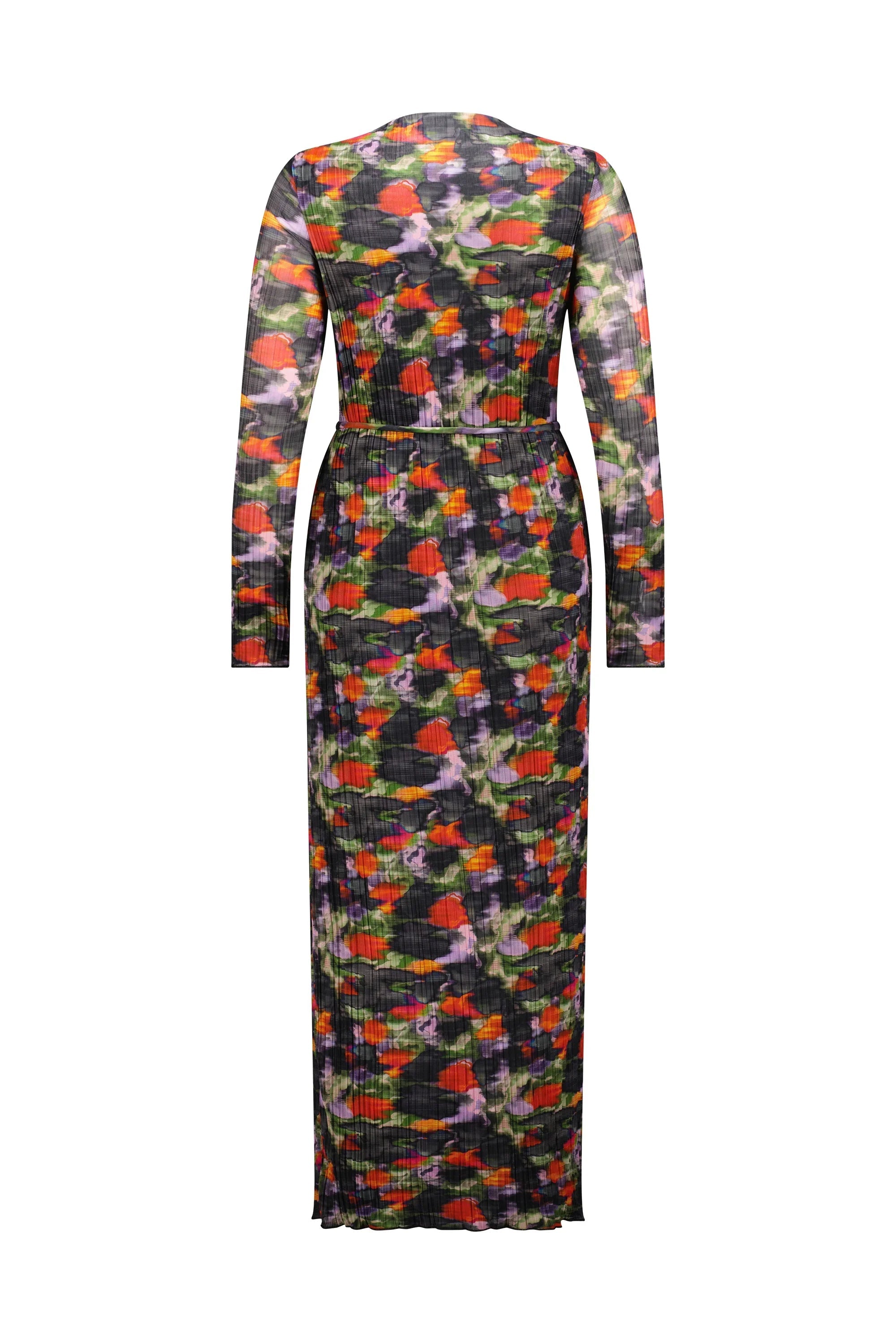 Back view of a long-sleeve, floral print maxi dress with multicolor abstract pattern