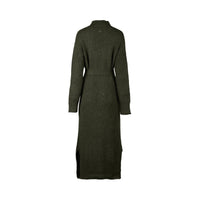 Back view of long dark green knit dress with long sleeves and waist tie, side slit