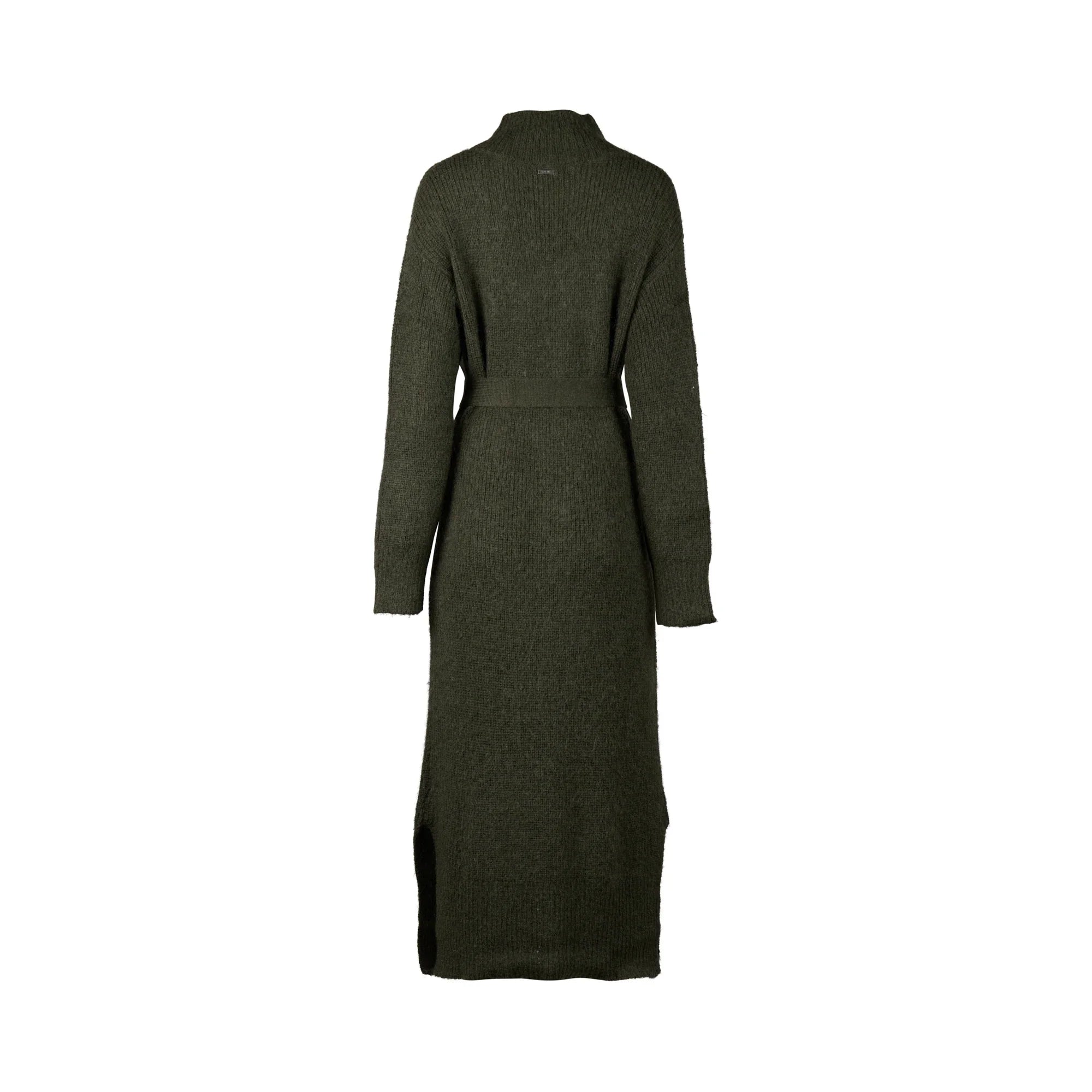Back view of long dark green knit dress with long sleeves and waist tie, side slit