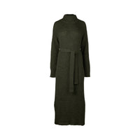 Hunter green long sleeve knit sweater dress with waist tie and mock neck on white background