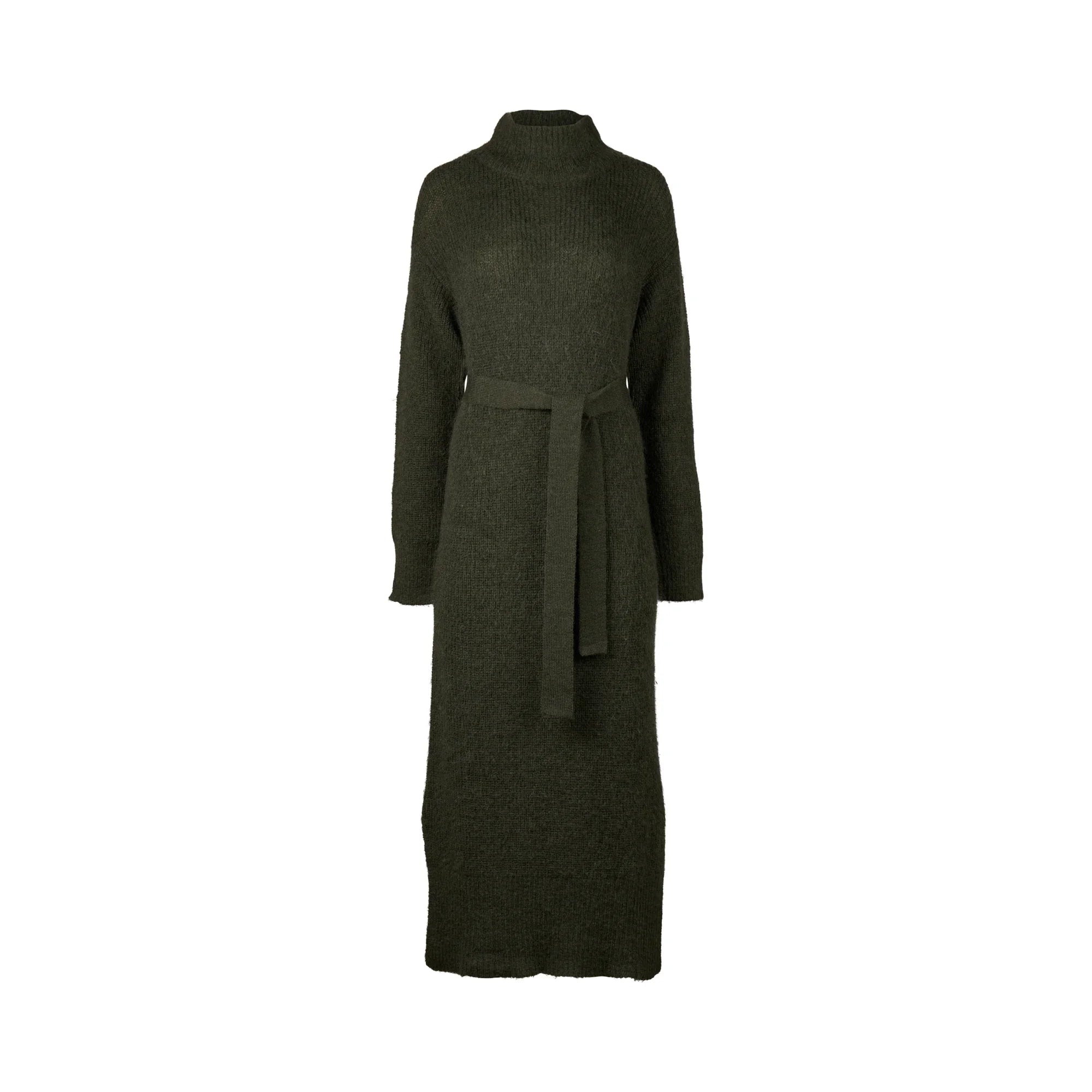 Hunter green long sleeve knit sweater dress with waist tie and mock neck on white background