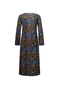 Back view of long sleeve midi dress with multicolour abstract dash print