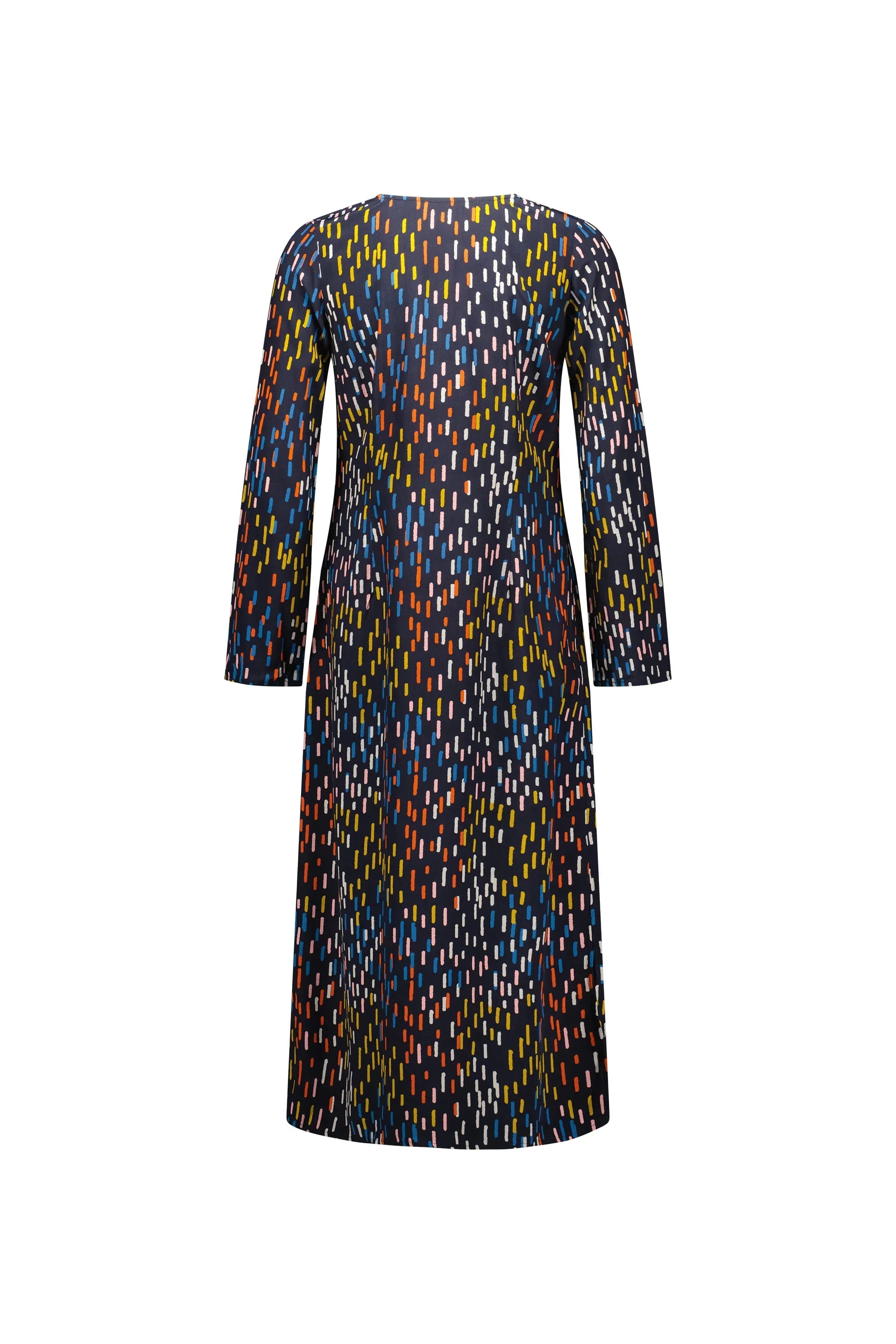 Back view of long sleeve midi dress with multicolour abstract dash print