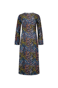 Long sleeve midi dress with multicolored abstract print on dark background, front view
