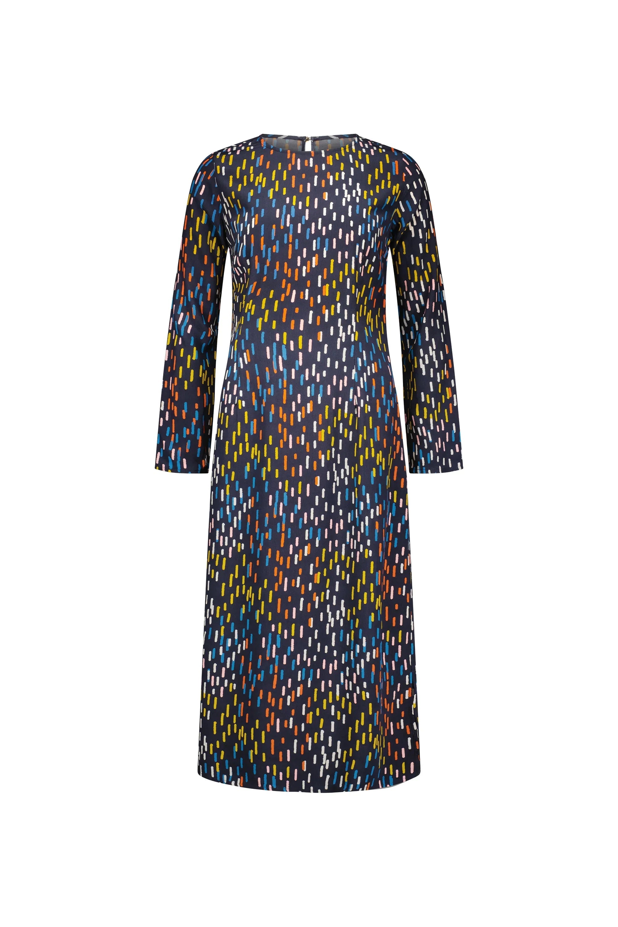 Long sleeve midi dress with multicolored abstract print on dark background, front view