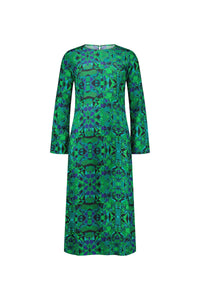 Green and blue long sleeve dress with geometric pattern, front view on white background