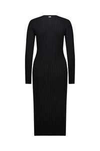 Back view of a black ribbed knit long sleeve midi dress on white background