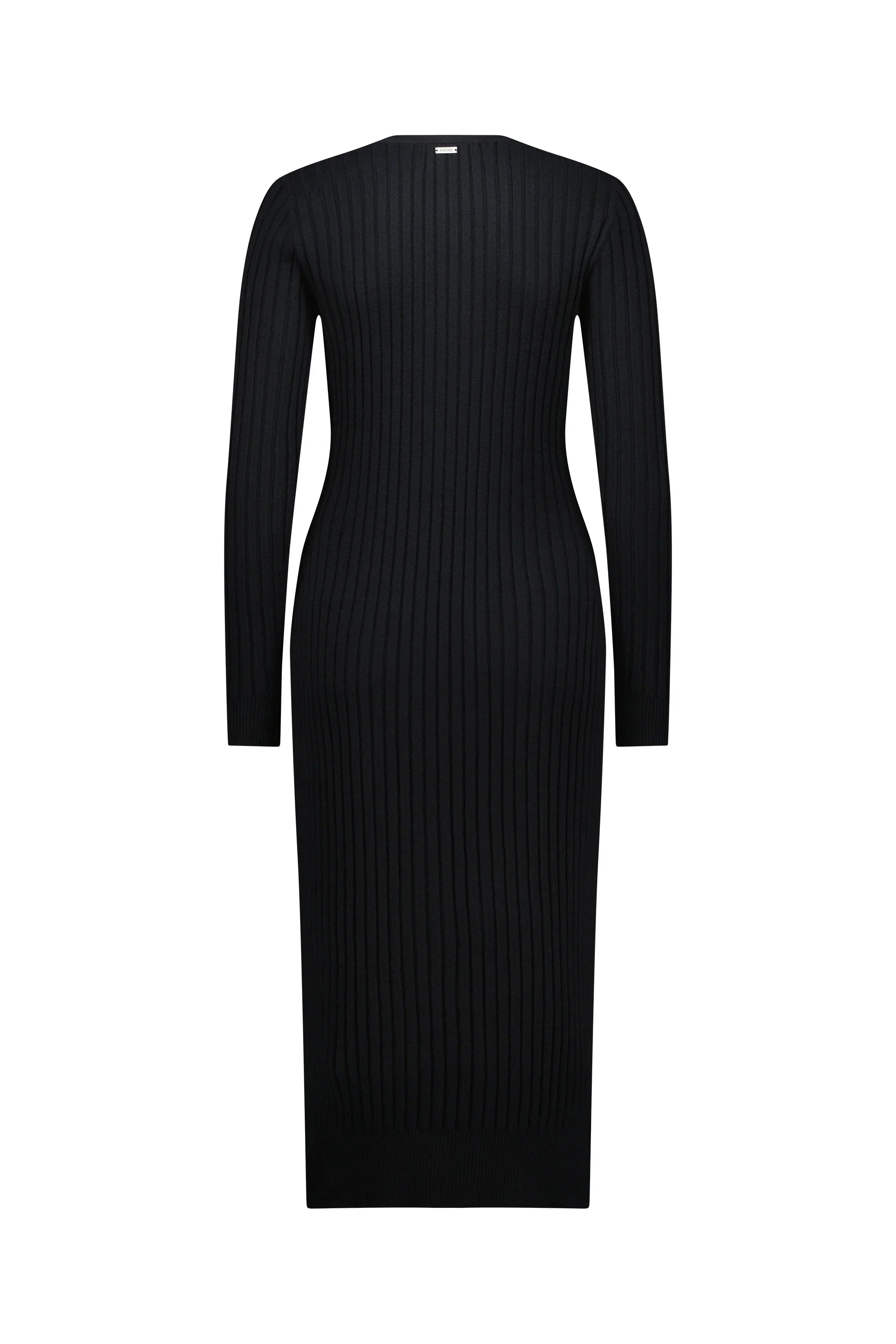 Back view of a black ribbed knit long sleeve midi dress on white background