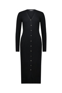 Black ribbed knit long sleeve button front dress with V-neck, full length, on white background