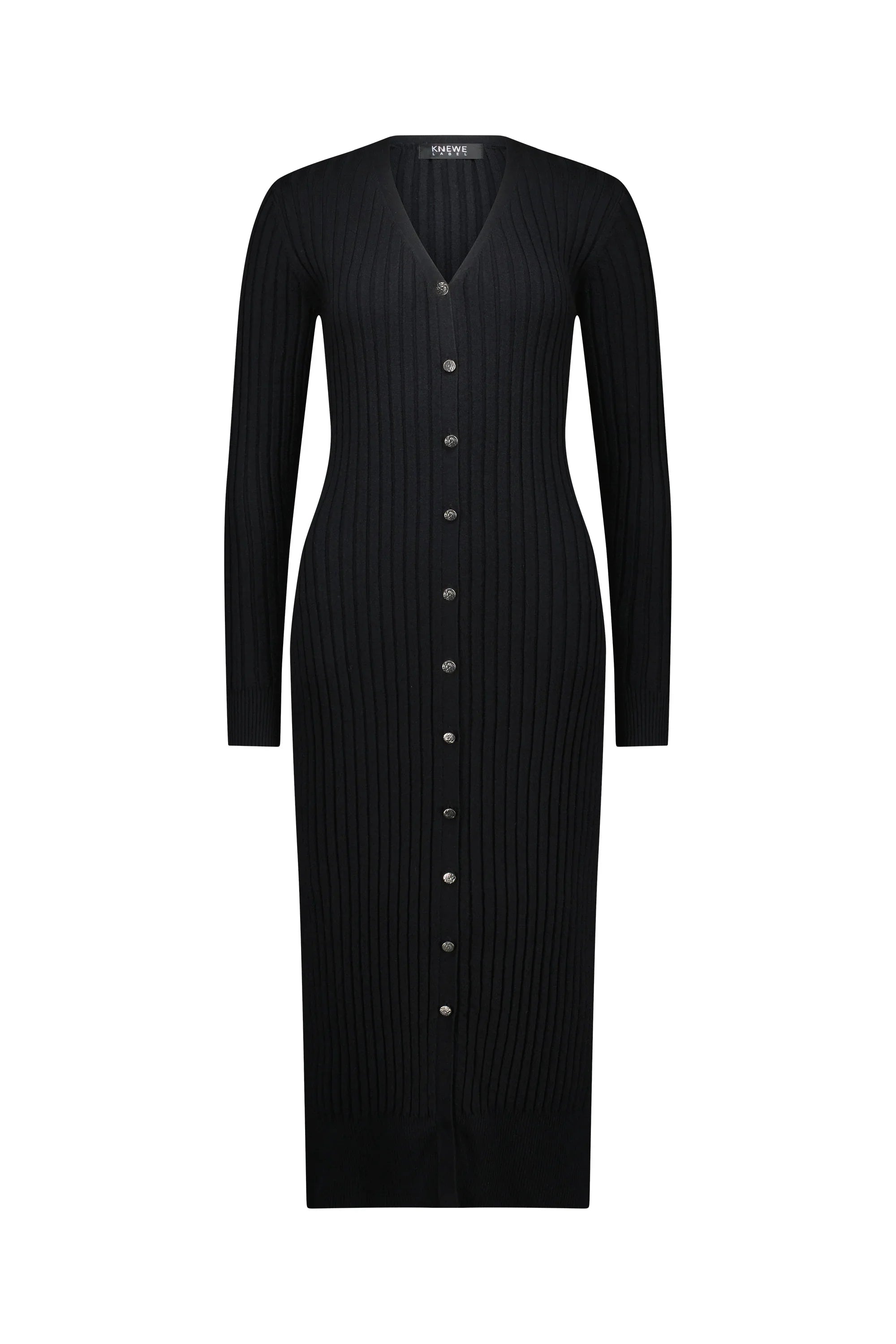 Black ribbed knit long sleeve button front dress with V-neck, full length, on white background