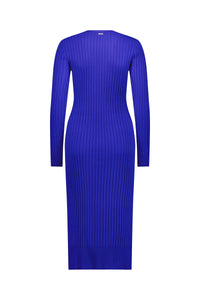 Back view of electric blue ribbed knit long-sleeve midi dress