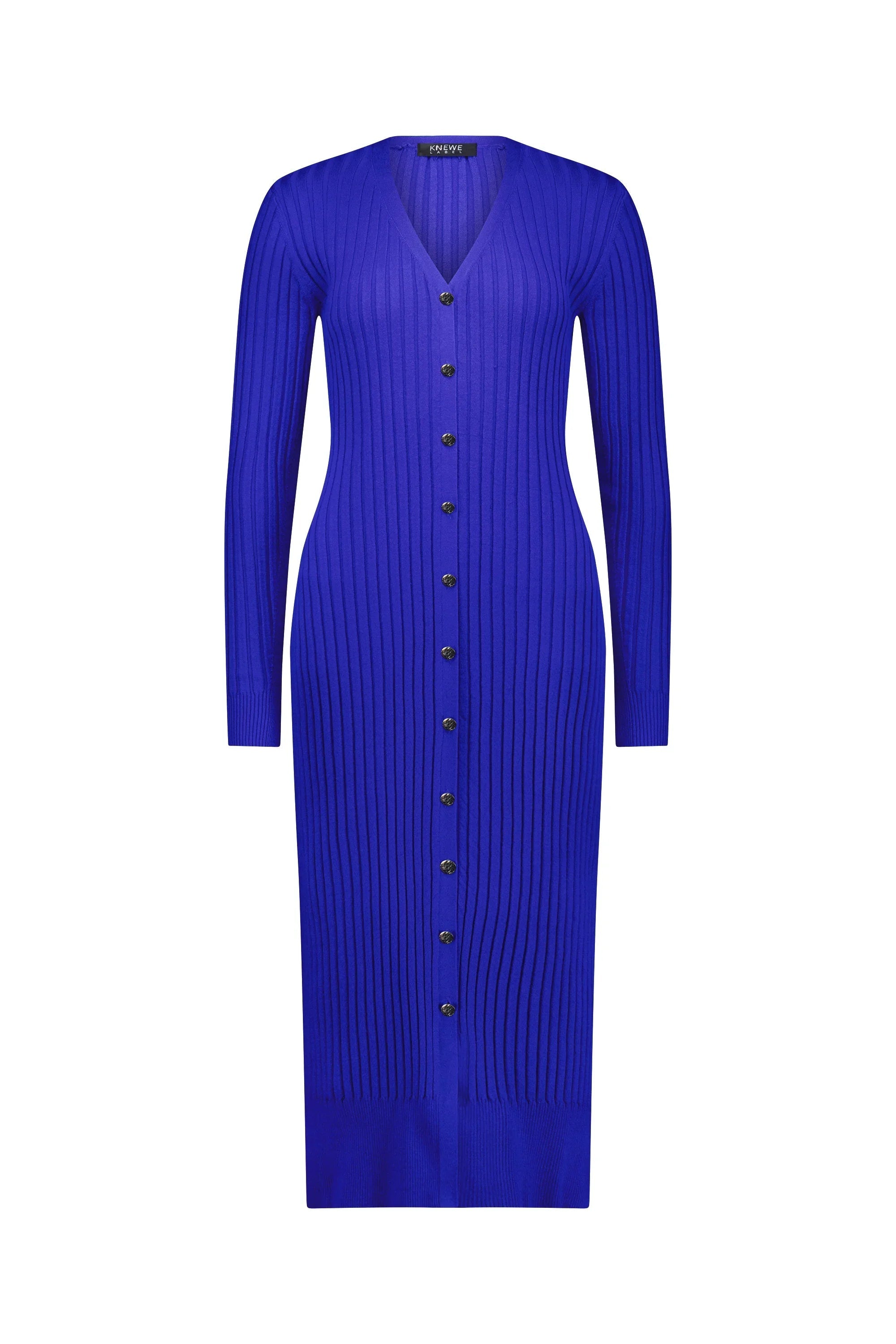 Electric blue ribbed knit long-sleeve button-down dress with V-neck
