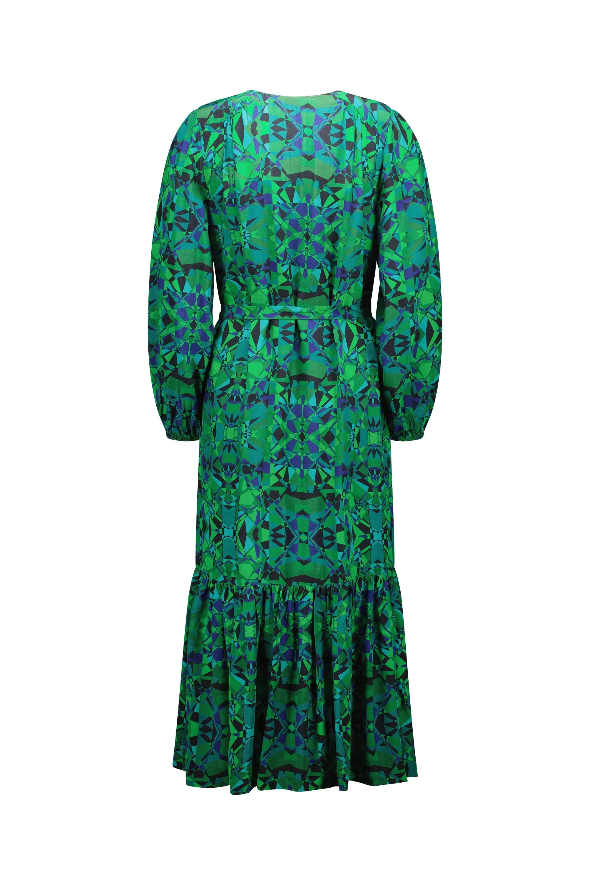 Back view of a long-sleeve green and blue geometric print midi dress with ruffle hem