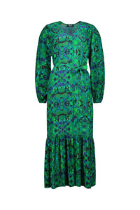 Green and blue geometric print midi dress with long sleeves and tie waist, displayed on white background.