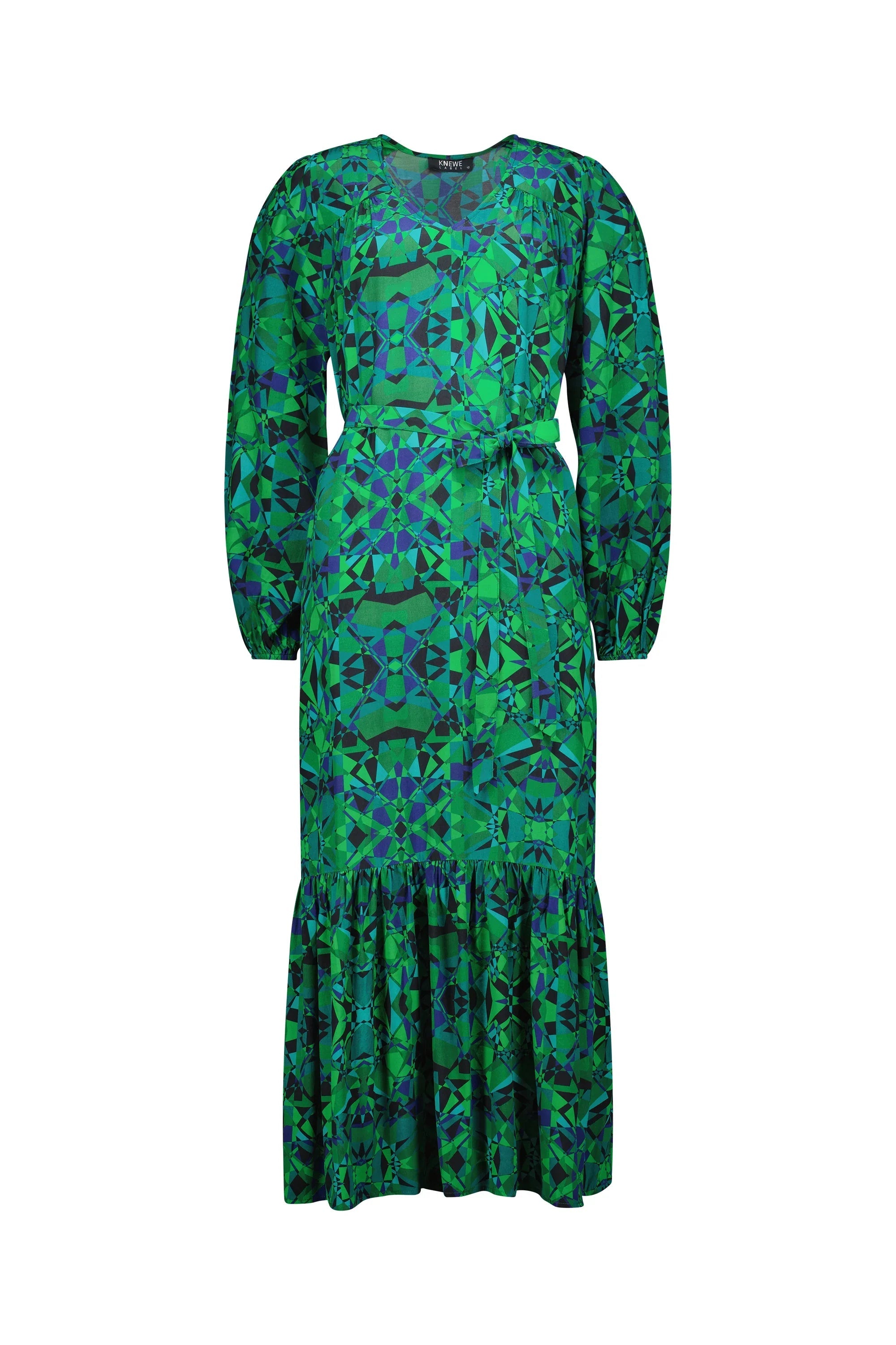 Green and blue geometric print midi dress with long sleeves and tie waist, displayed on white background.