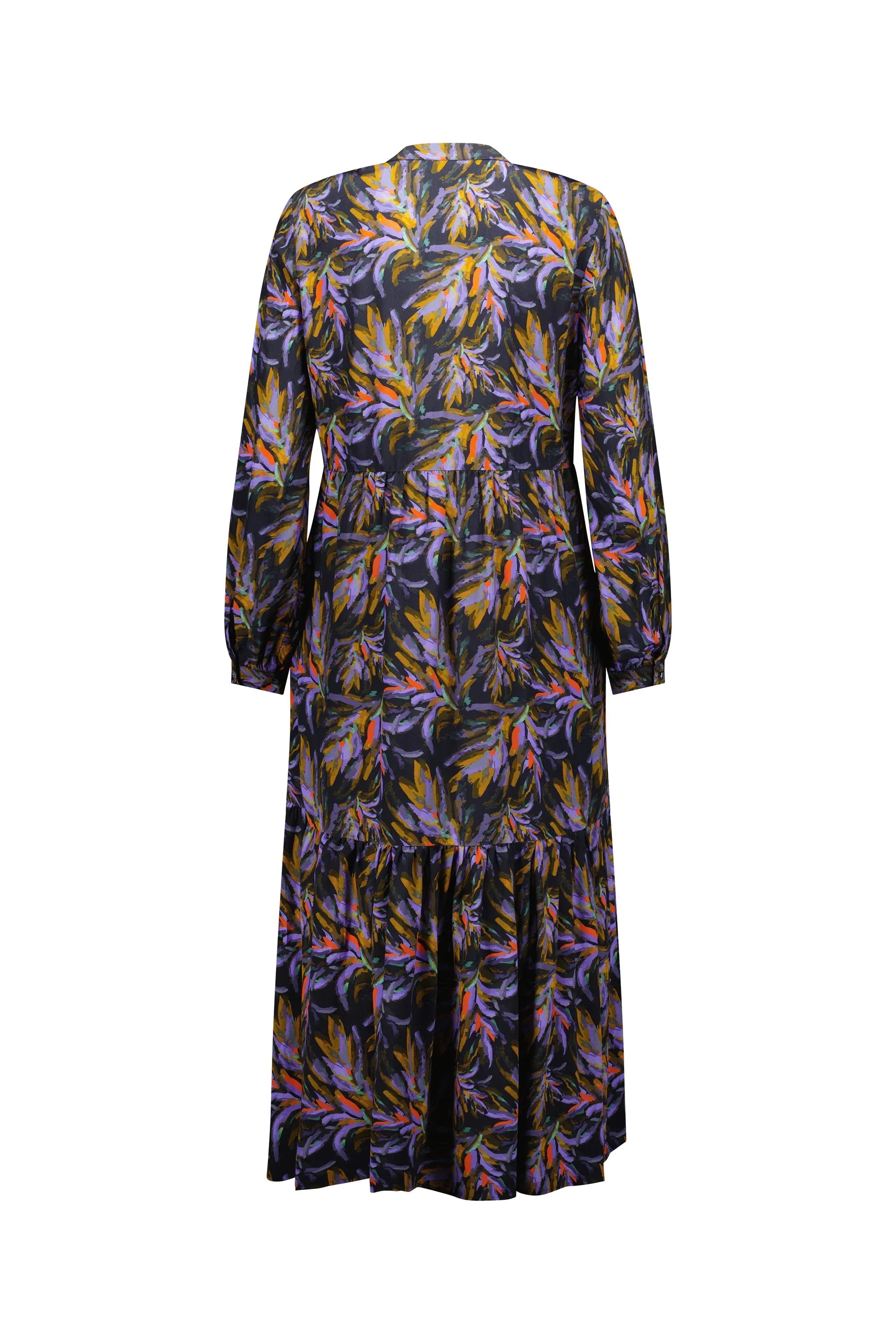 Back view of long sleeve midi dress with vibrant floral print on black background