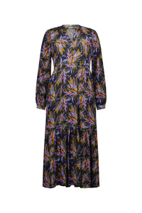Long sleeve floral print midi dress with tiered skirt, featuring purple and orange patterns.