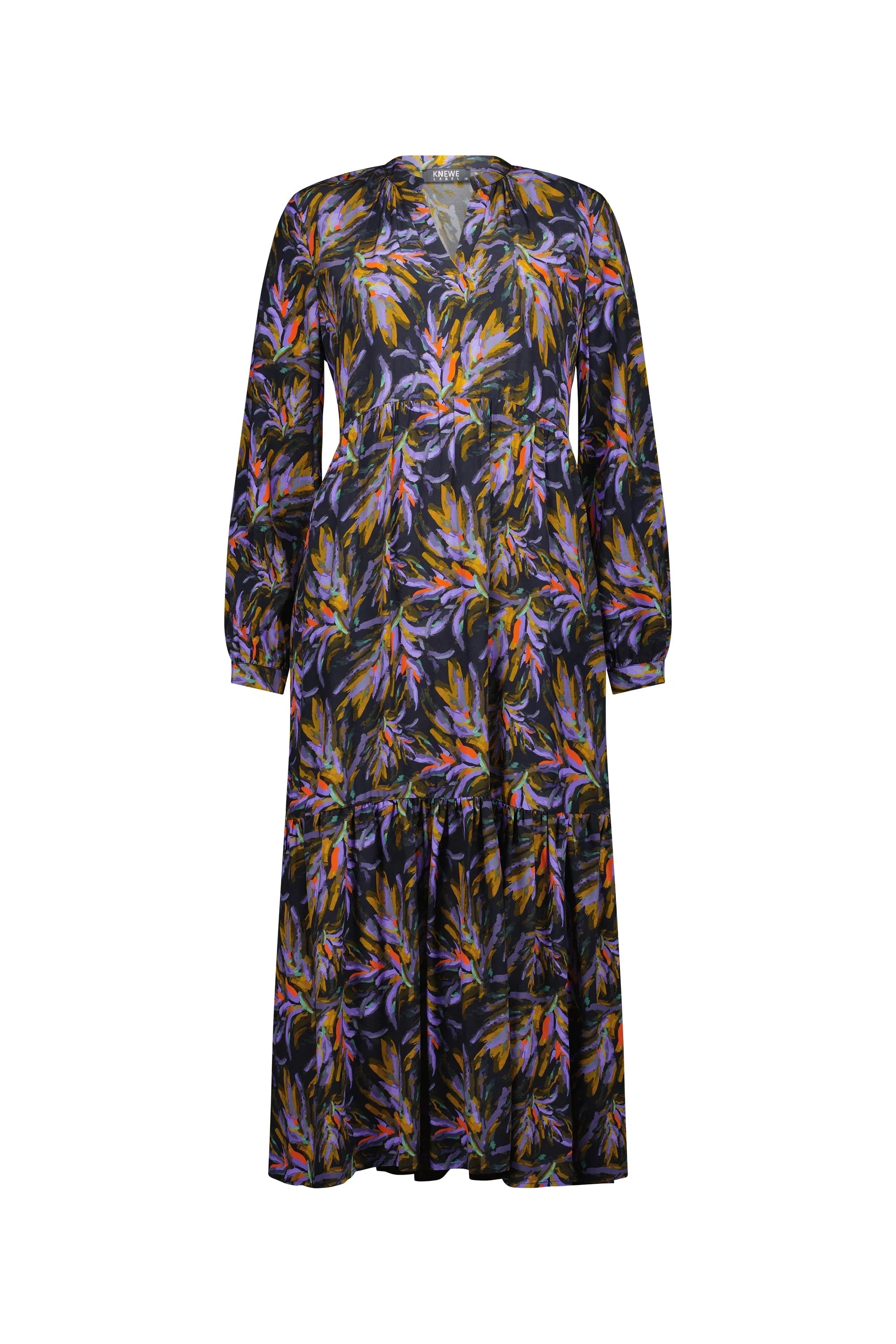 Long sleeve floral print midi dress with tiered skirt, featuring purple and orange patterns.