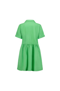 Back view of short sleeve green cocoon dress with collar and gathered waist