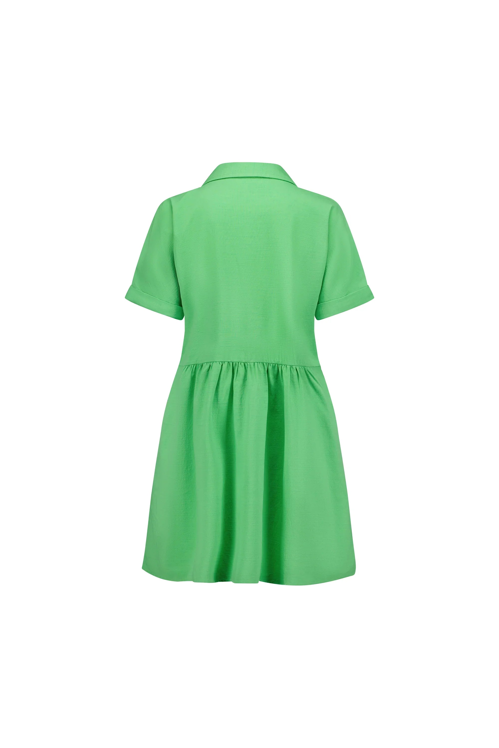 Back view of short sleeve green cocoon dress with collar and gathered waist
