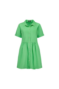 Bright green short sleeve button-front dress with collar, relaxed fit, isolated on white background