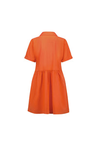 Back view of short sleeve orange cocoon dress with collar and gathered waist