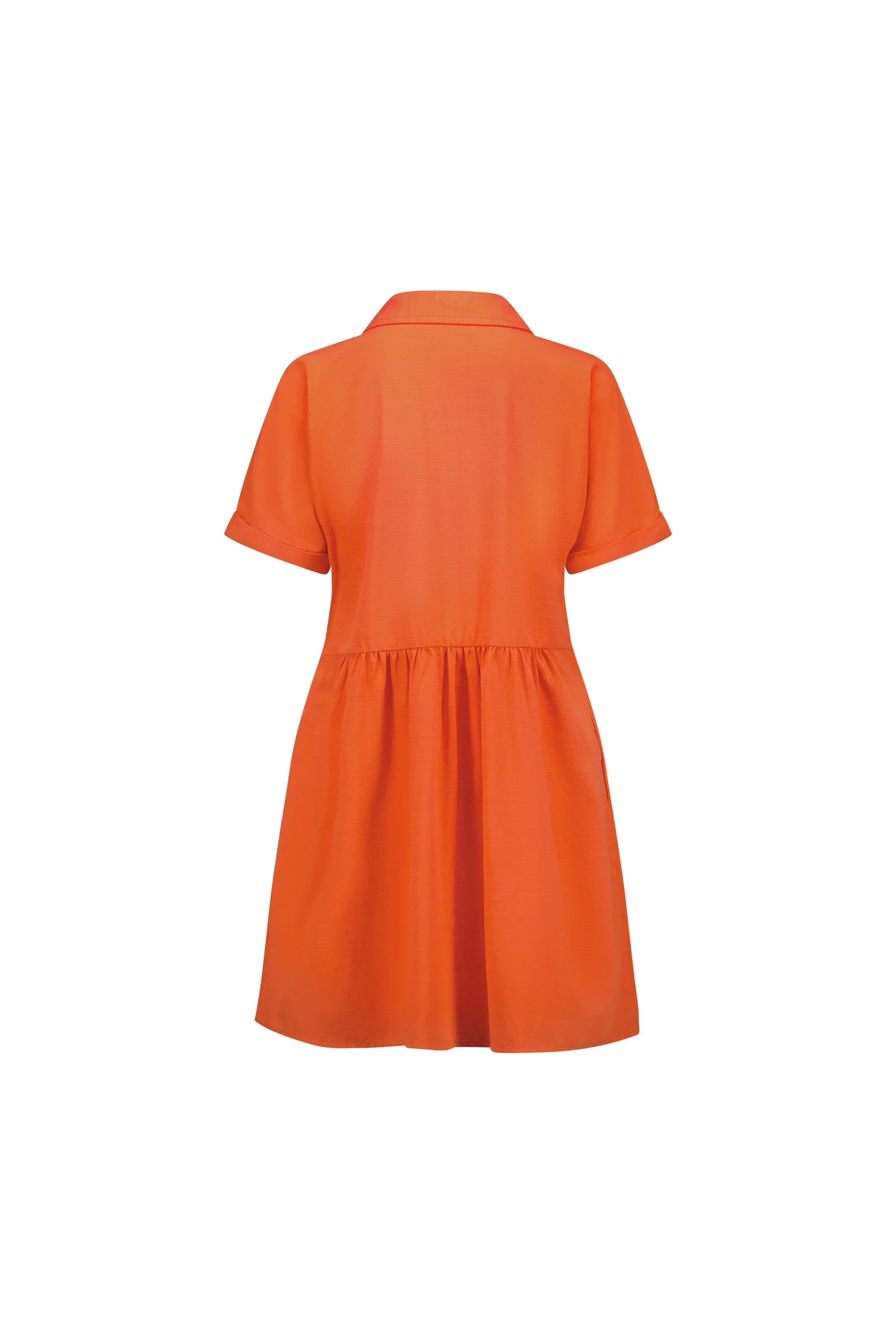 Back view of short sleeve orange cocoon dress with collar and gathered waist