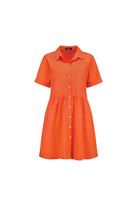 Short-sleeve orange shirt dress with buttons, collared neckline, and flared skirt on white background.