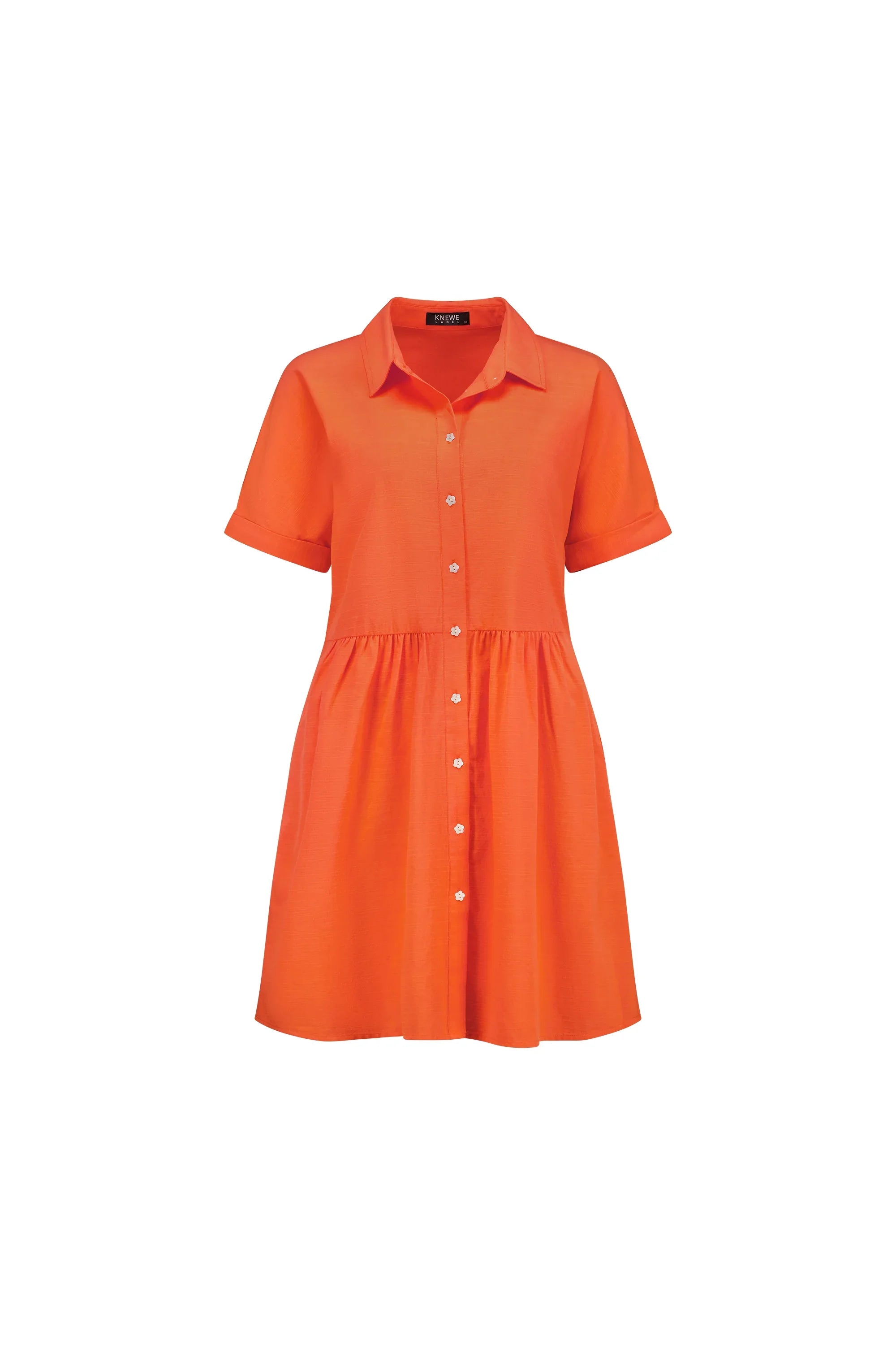 Short-sleeve orange shirt dress with buttons, collared neckline, and flared skirt on white background.