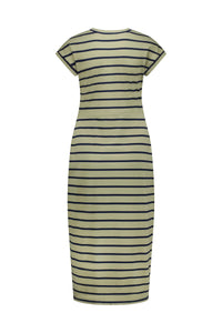 Back view of khaki stripe midi dress with short sleeves and horizontal stripes