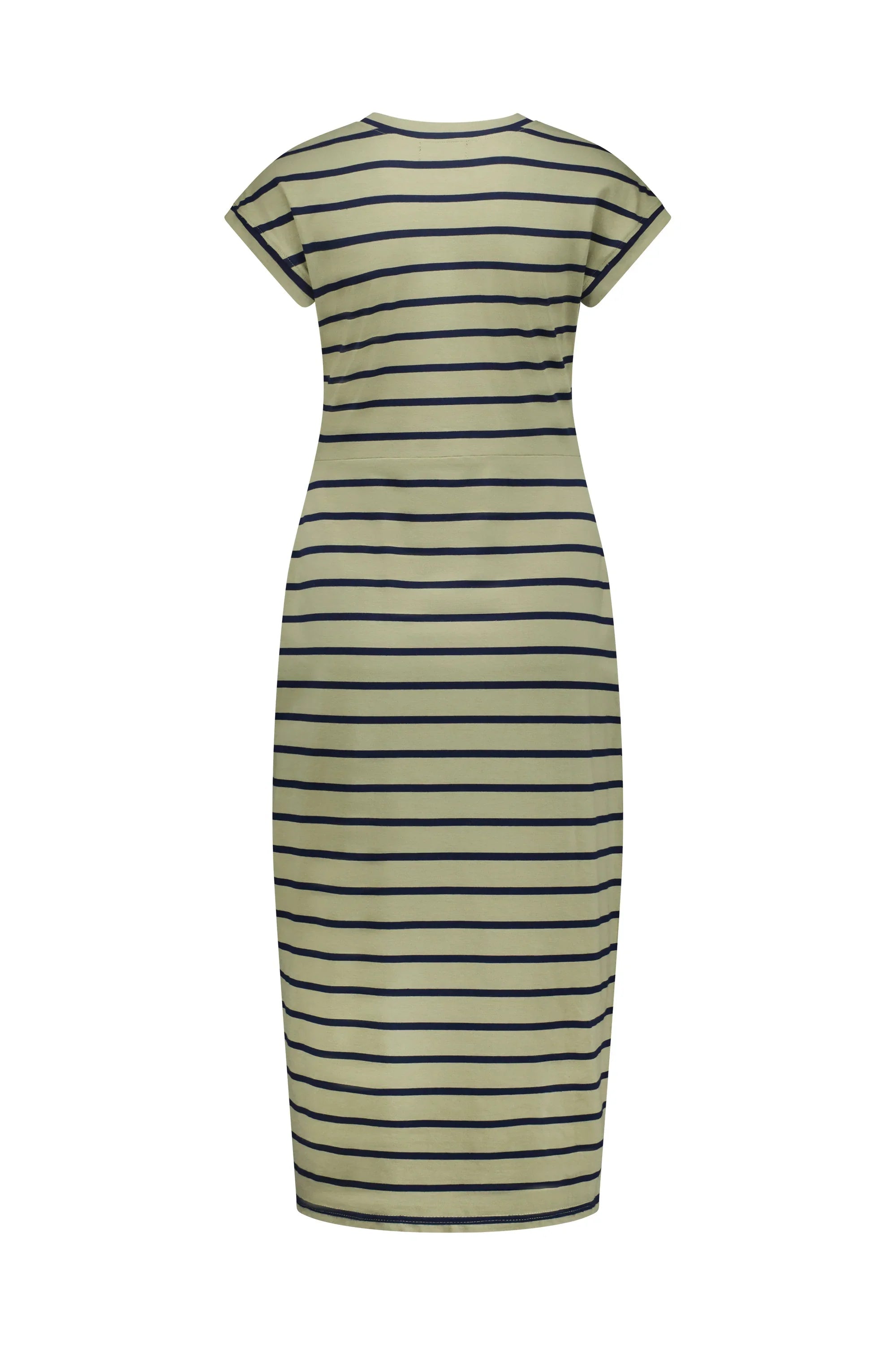 Back view of khaki stripe midi dress with short sleeves and horizontal stripes