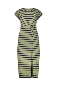 Khaki stripe short sleeve midi dress with front knot detail and round neckline