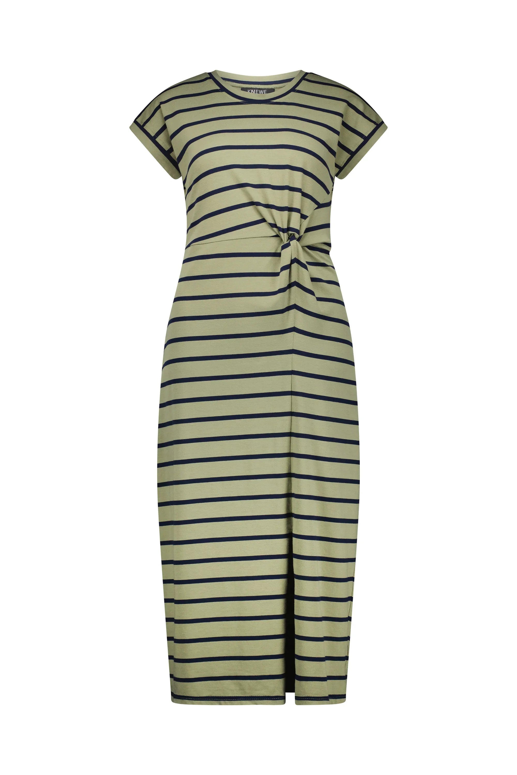 Khaki stripe short sleeve midi dress with front knot detail and round neckline